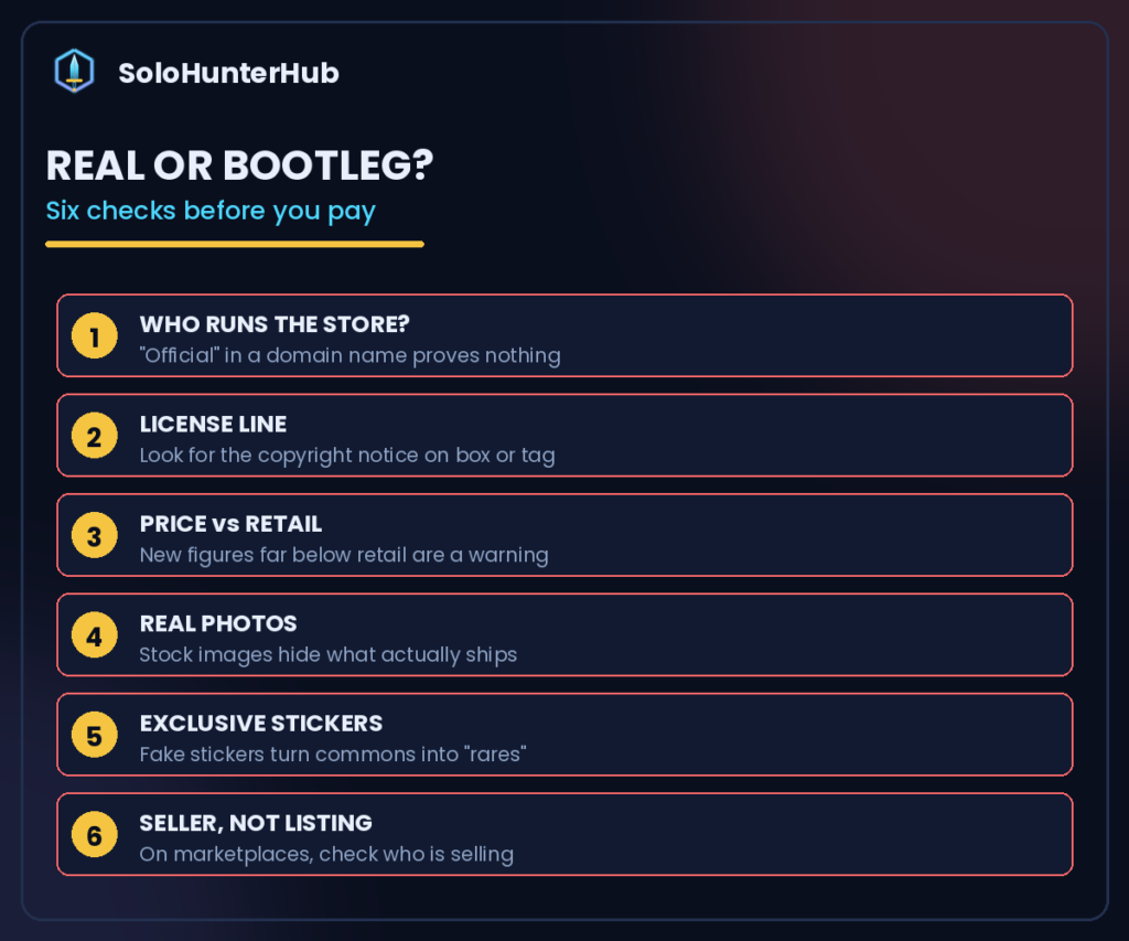 Checklist for spotting fake Solo Leveling merch figures and Funko Pops